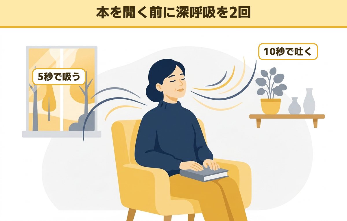本を開く前に、目を閉じてゆっくり深呼吸する40代の女性