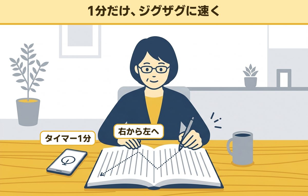 縦書きの本の行の上の端と下の端にペン先を交互に当てながら、右から左へジグザグに速く動かしている40代の女性
