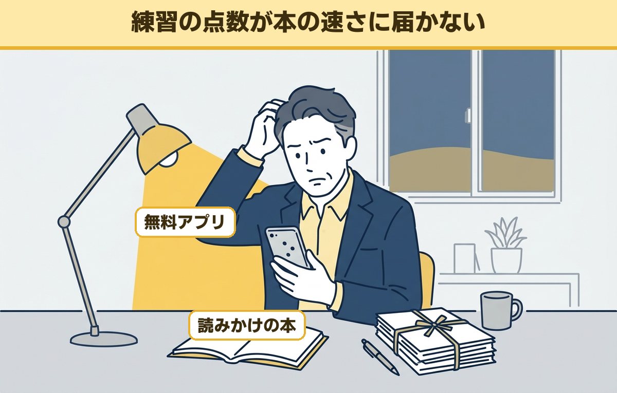夜の机でスマホの無料の速読アプリを見ながら、読みかけの本と資料の束を前に首をかしげる40代の会社員