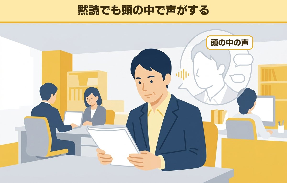 オフィスで資料を黙って読む40代の男性の頭の中に、自分の声で読み上げている様子が描かれている