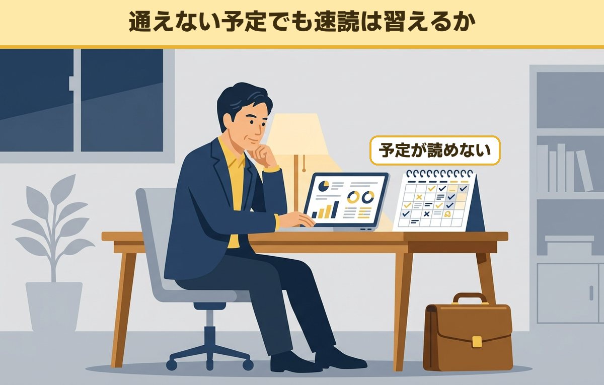 夜の自宅で予定が詰まったカレンダーとノートパソコンを見比べて考え込む40代の会社員