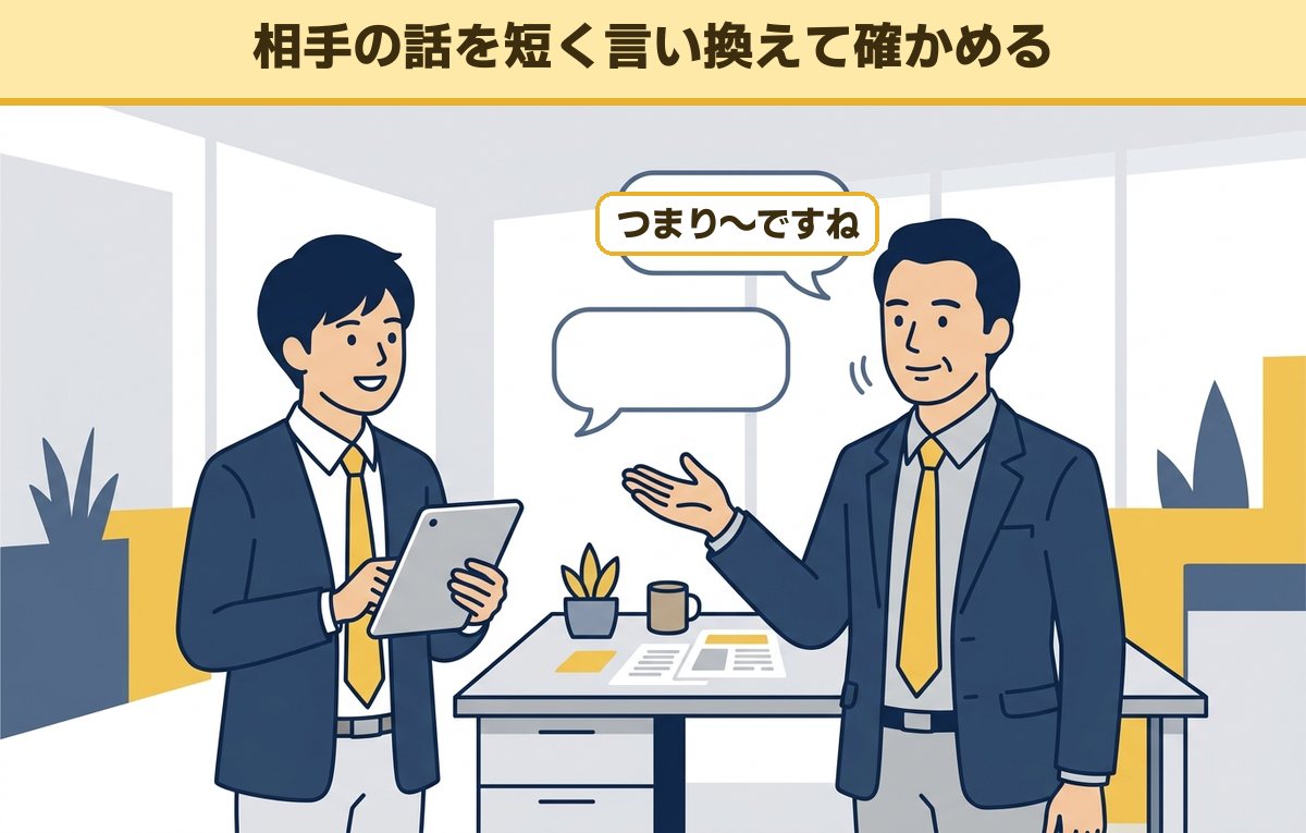 同僚の話を受けて、40代の会社員が落ち着いて要点を言い換えて確かめているイラスト