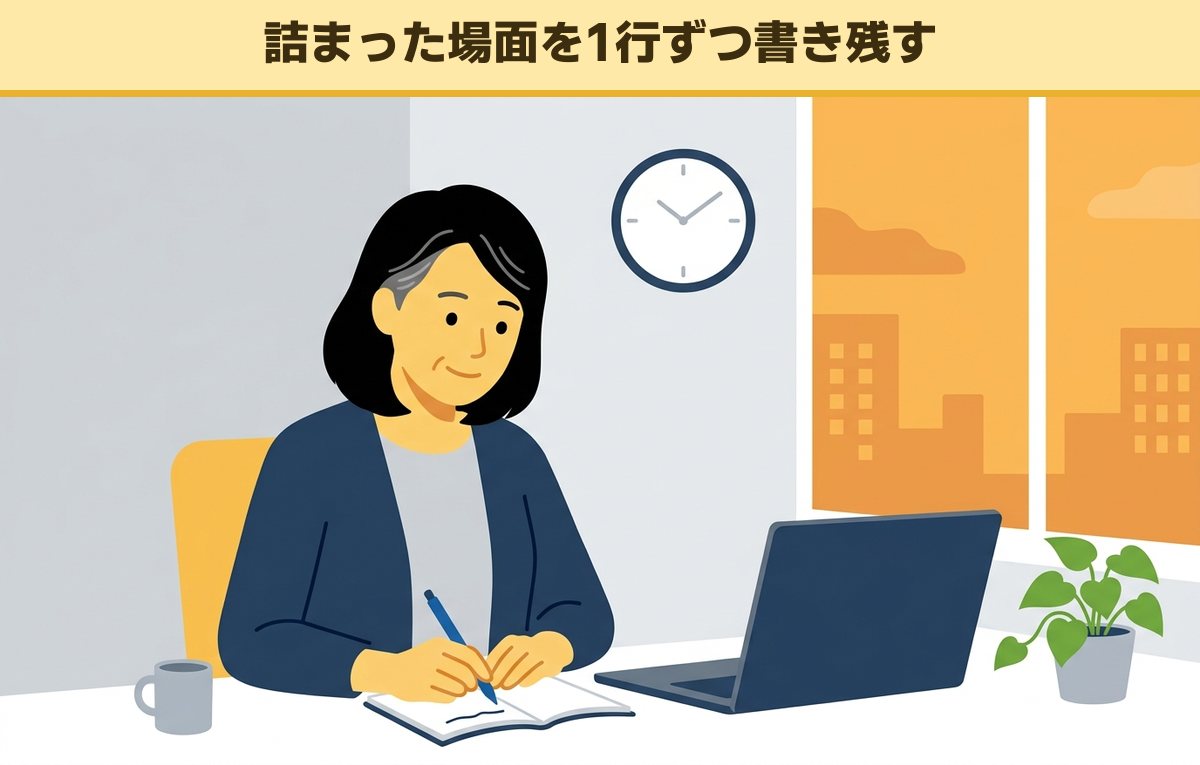 夕方の机で、頭が回らなかった場面を手帳に1行書いている40代の会社員のイラスト