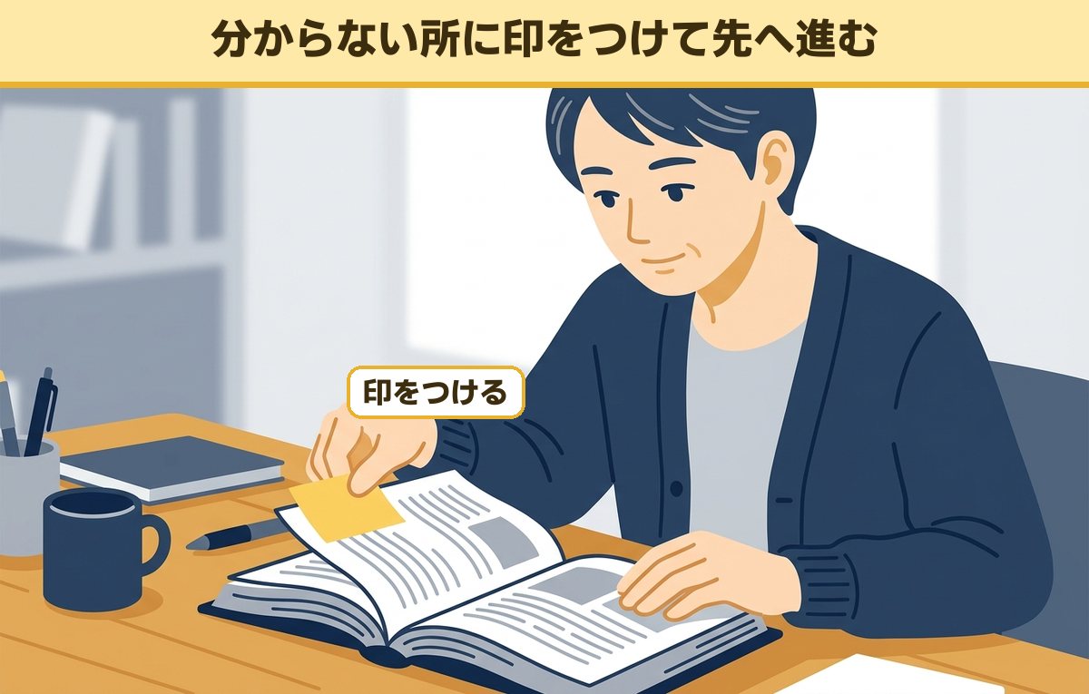 分からない所に付箋で印をつけて、先のページへ読み進める大人