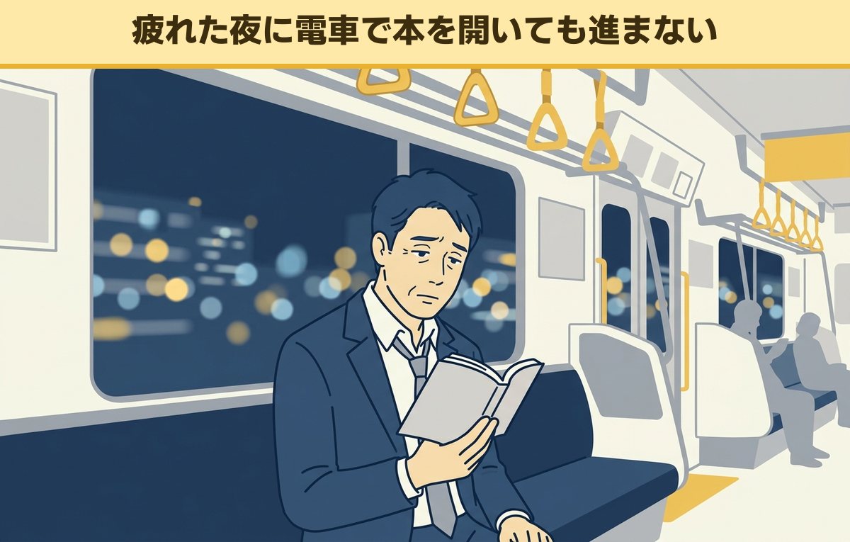 仕事帰りの夜の電車で、疲れた顔で本を開いている40代の会社員