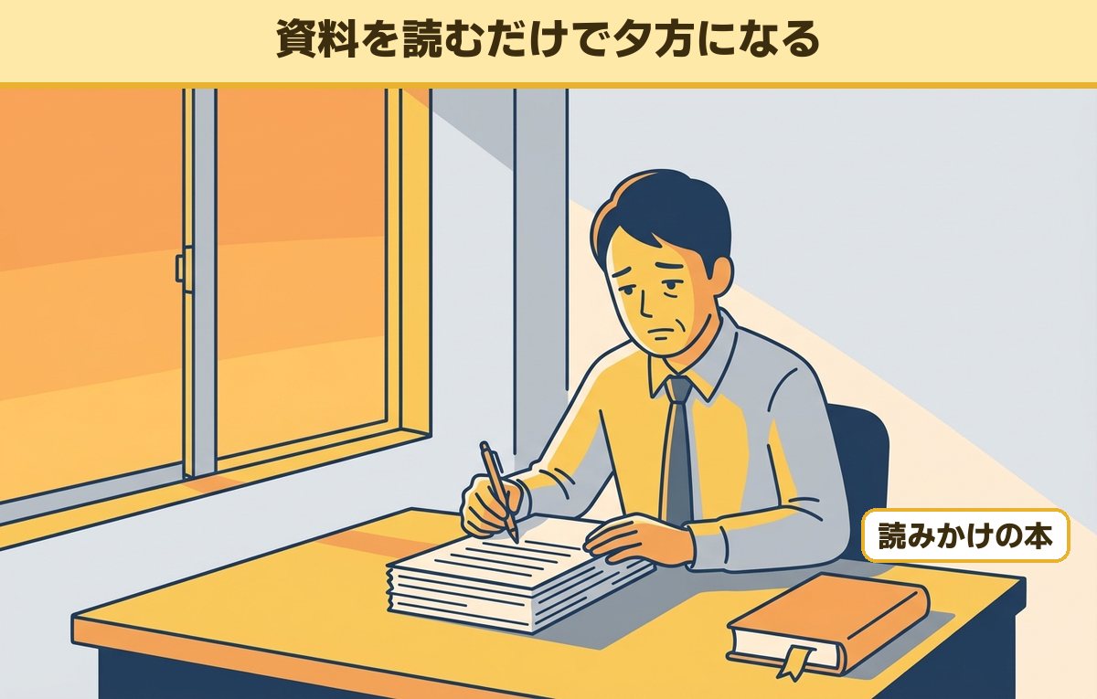 夕日の差す机で資料を1行ずつ読み続け、読みかけの本に手が回らない40代の会社員