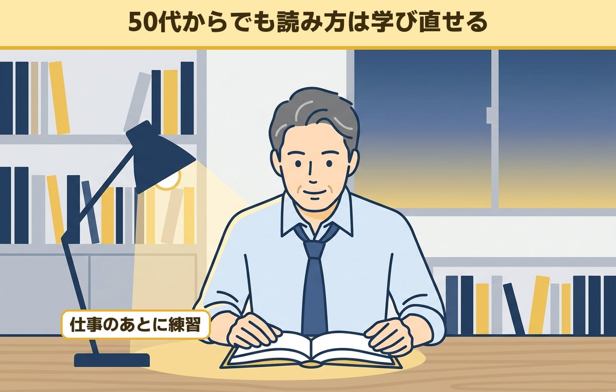 仕事のあとに机で本を開き、読み方の練習をする50代の会社員