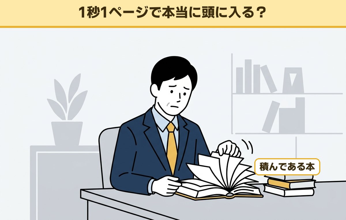 本を1秒1ページでめくりながら、本当に内容が入るのか迷っている40代の会社員
