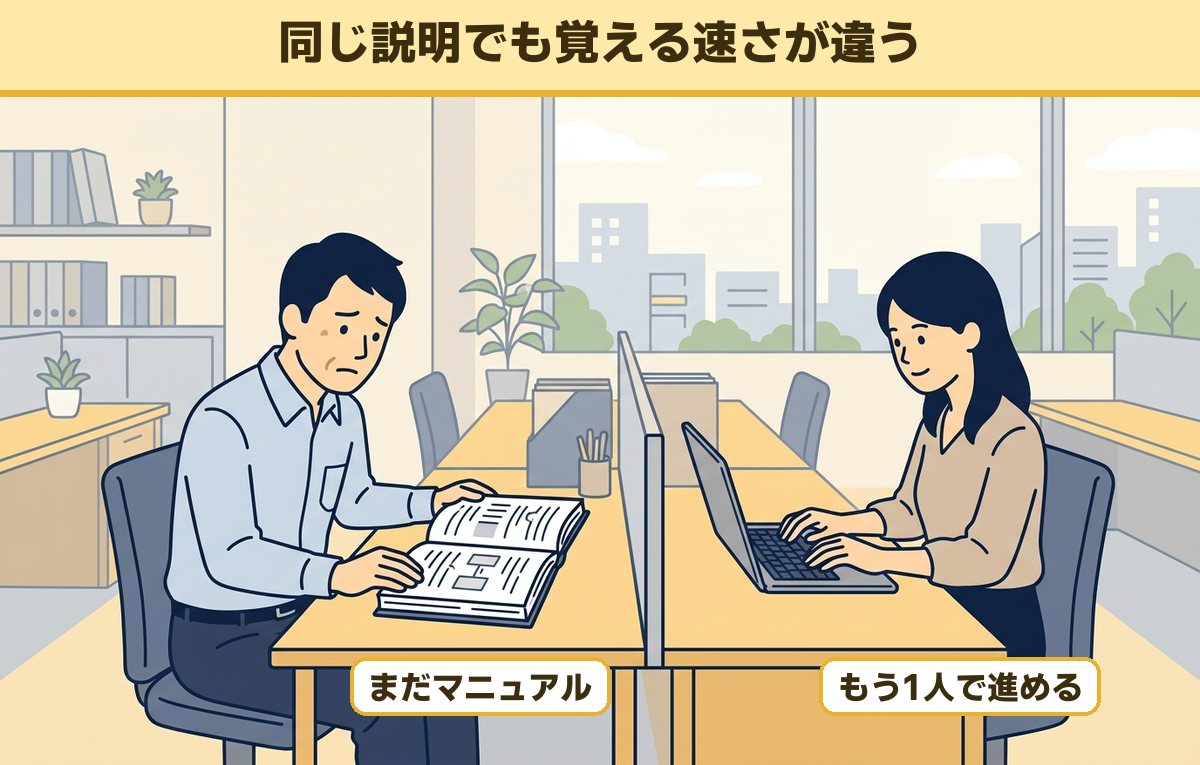 同じ説明を受けたのに、まだマニュアルを開いて困る男性会社員と、もう1人で仕事を進めている隣の同僚