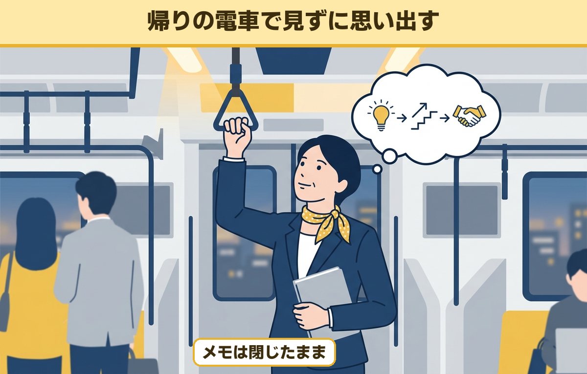 帰りの電車でメモを閉じたまま、今日教わった手順を思い出している女性会社員