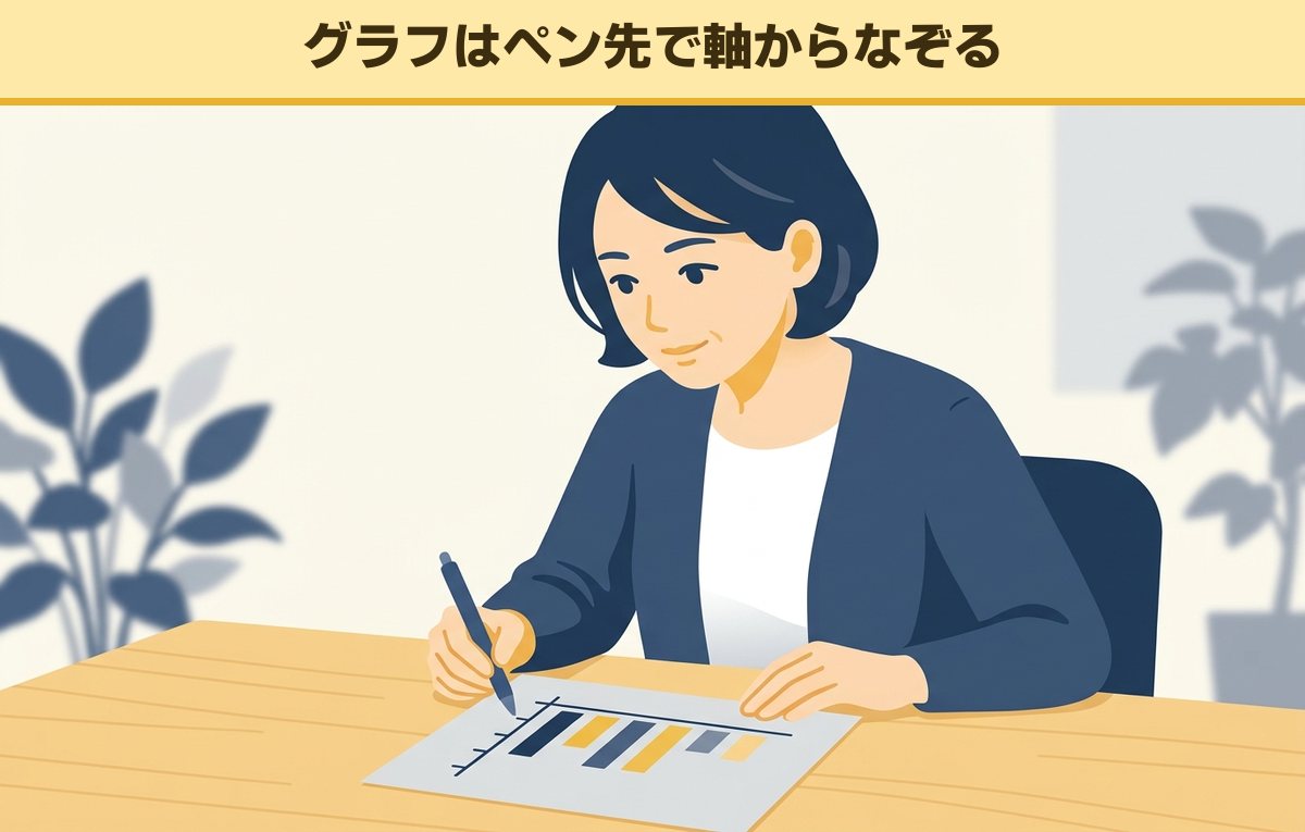 印刷したグラフの縦軸にペン先を当てて、棒を比べる前に軸を確かめている40代の女性