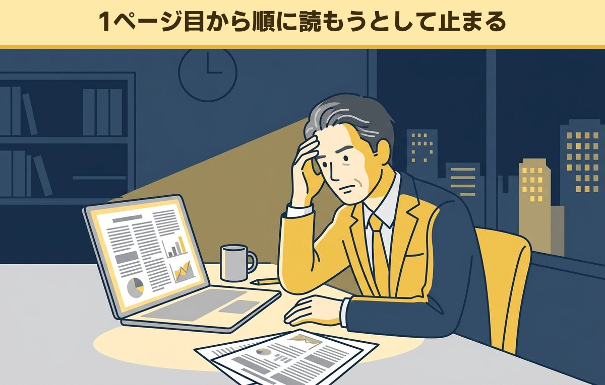 夜のオフィスでノートパソコンに論文のPDFを開いたまま、額に手を当てて困っている40代後半の会社員