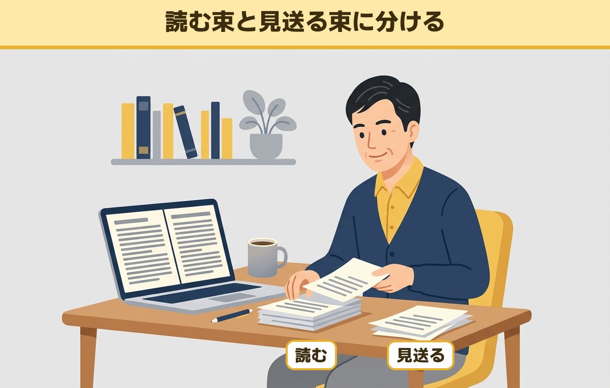 翻訳を並べて表示したノートパソコンの前で、印刷した論文を読む束と見送る束に分けている50代の男性