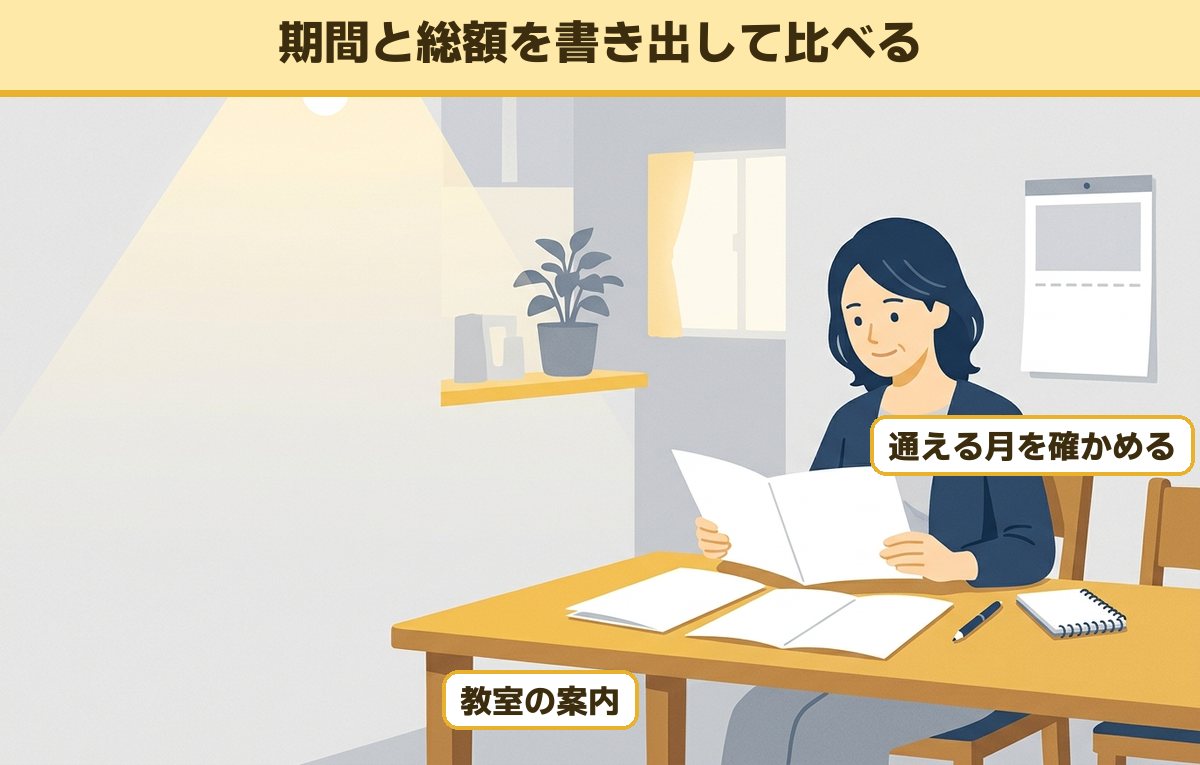 ダイニングテーブルで教室の案内を広げ、壁のカレンダーとメモ帳で通える月を確かめる40代の女性
