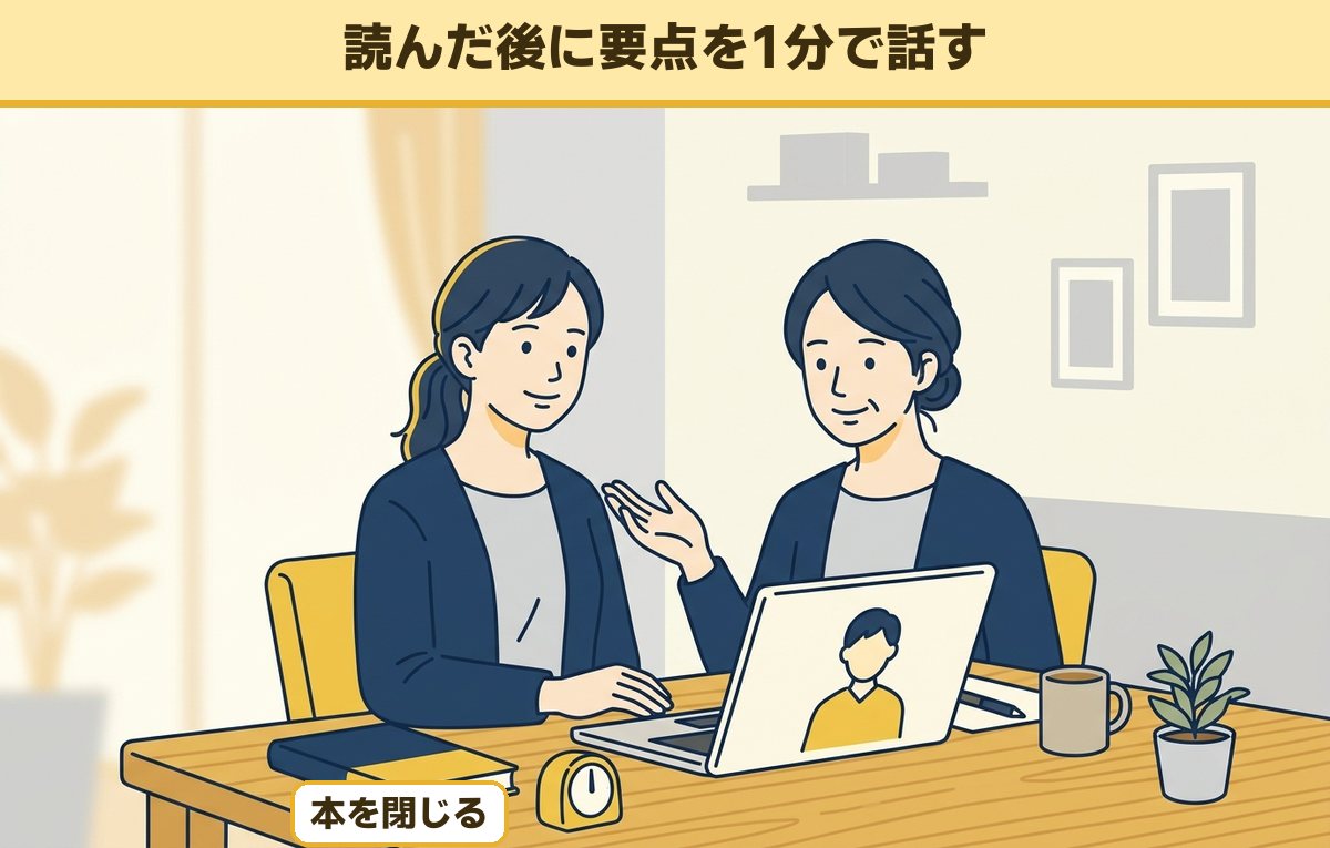 本を閉じて、読んだ内容を同僚に話している40代の女性