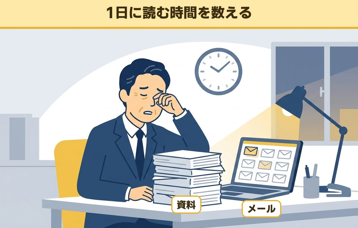 資料の山とメールが並ぶノートパソコンの前で、目をこする50代の会社員