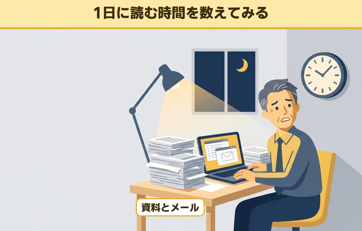 夜の机で積み上がった資料とメールに追われ、時計を気にする40代後半の男性会社員