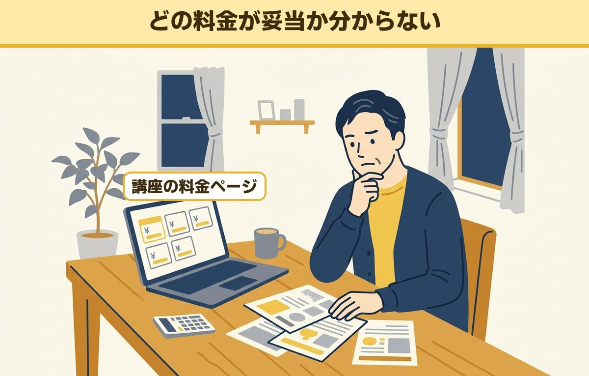夜の自宅で講座の料金ページと資料を見比べて迷っている40代の男性