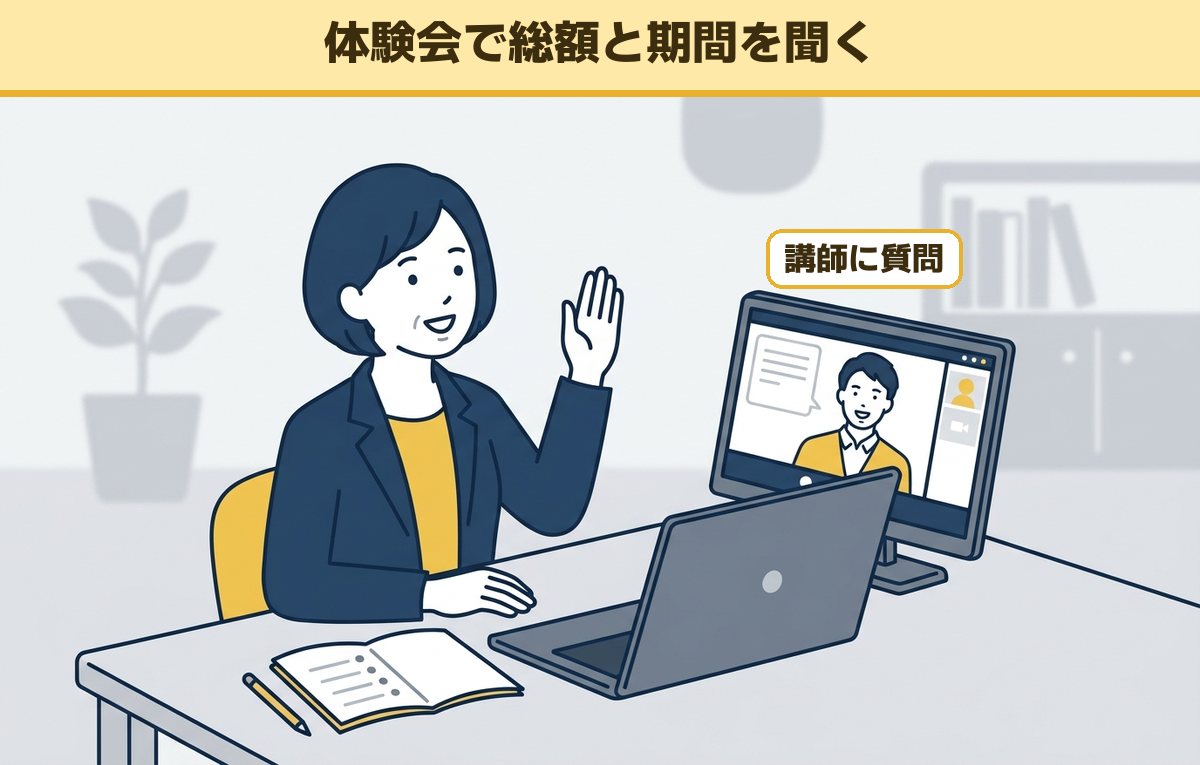 オンラインの体験会で画面の講師に手を挙げて質問する40代の女性