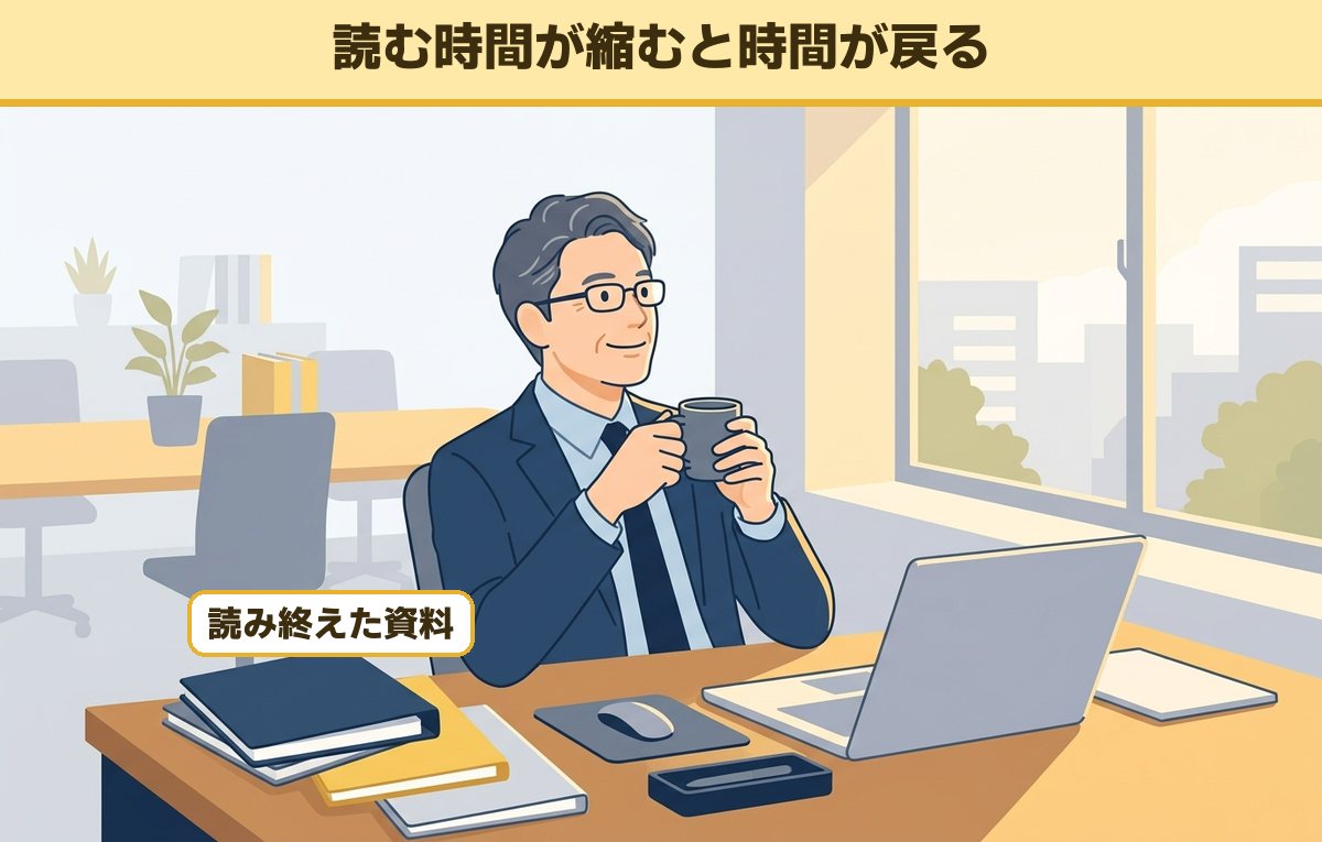 資料を早く読み終えて机でコーヒーを飲みながら落ち着いている50代の会社員
