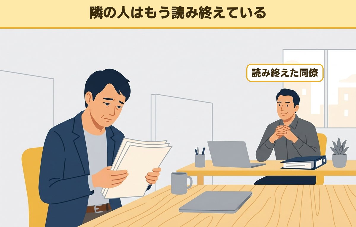 会議資料を読み返して困る40代の会社員と、もう読み終えた隣の席の同僚