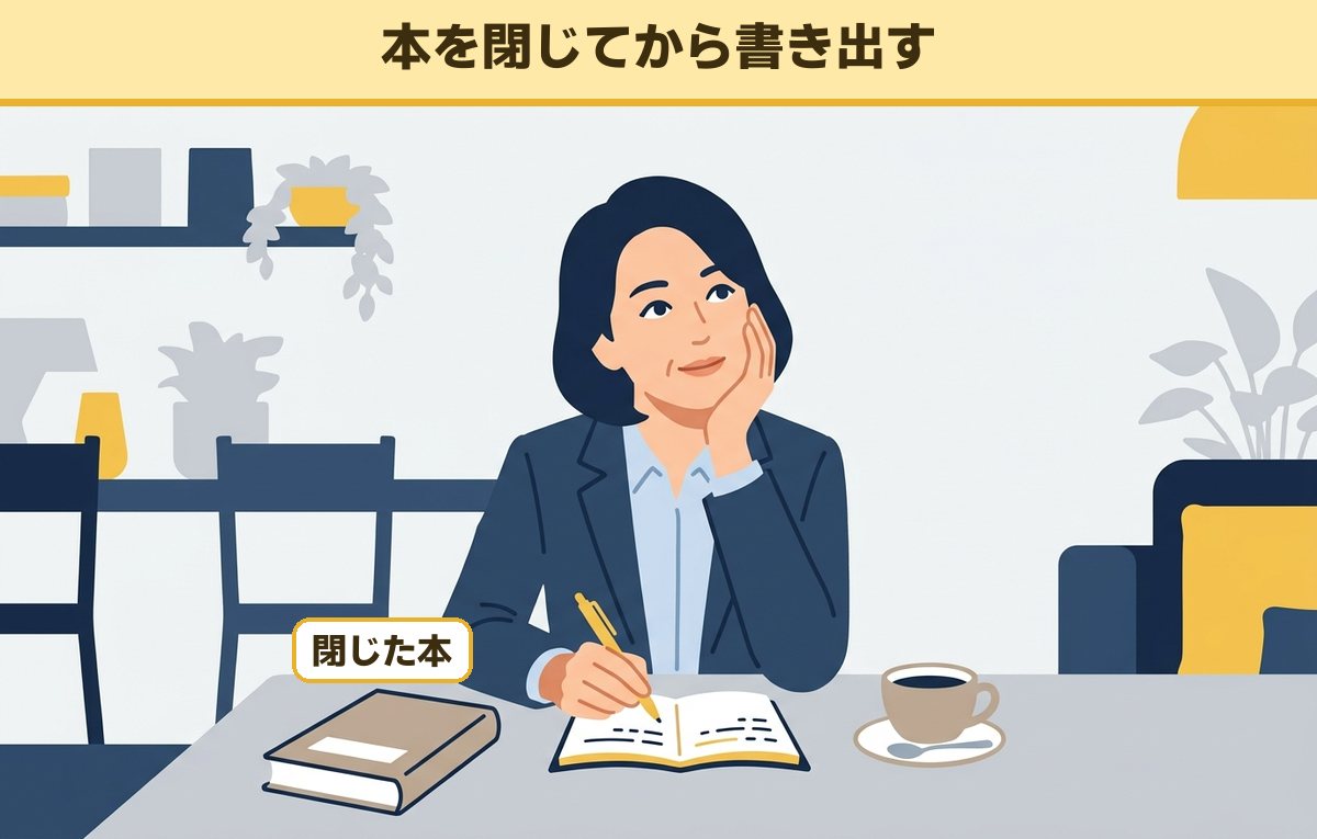 読み終えた本を閉じ、思い出しながらノートに書き出す40代の女性