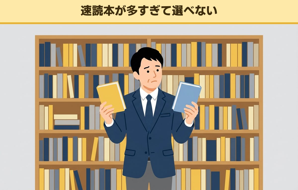 書店の本棚の前で、2冊の本を両手に持ってどちらにするか迷っている40代の会社員