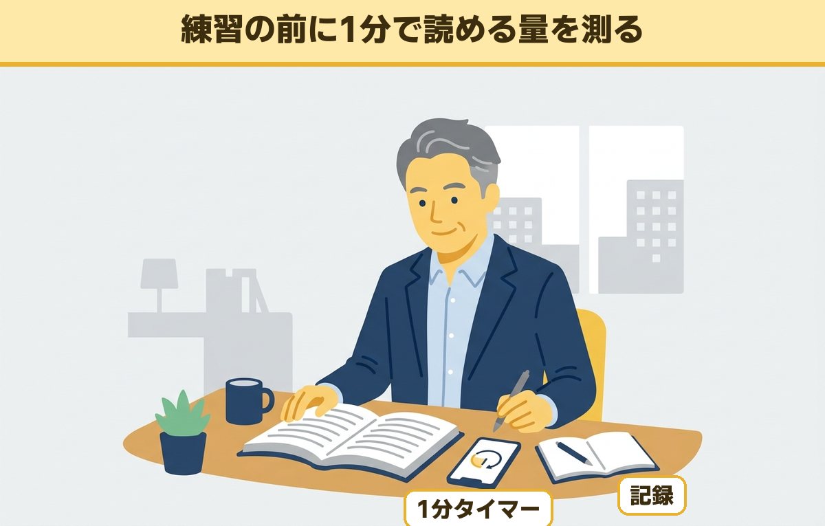 机の上にスマートフォンのタイマーと記録用のノートを置き、本を読んで速さを測っている50代の会社員