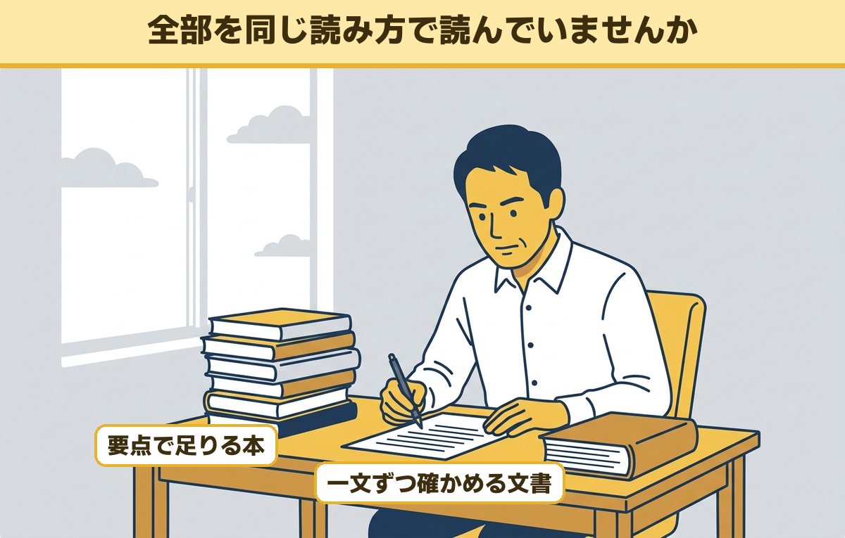 机で書類にペンを当てて一文ずつ確かめながら読む40代の男性と、横に積まれたままのビジネス書