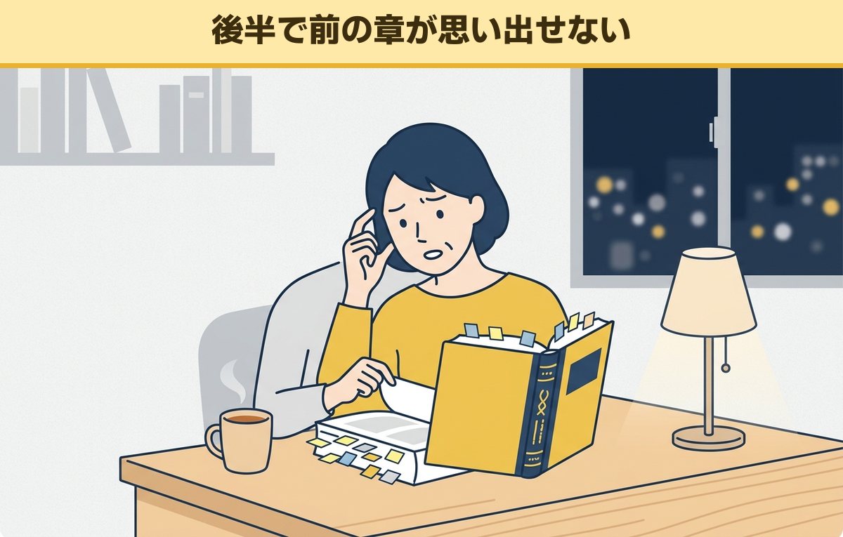 夜の机で付箋だらけの厚いテキストの最初のページをめくり返し、思い出せずに困った顔をする40代の女性