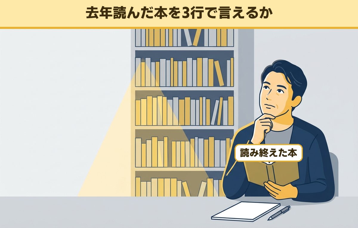 夜の自宅の机で読み終えた本を手に、内容を思い出そうと考え込む40代後半の男性