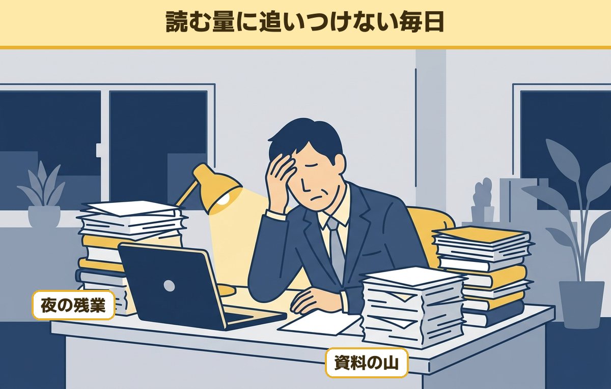 夜のオフィスで資料と本の山を前に頭を抱える40代の会社員