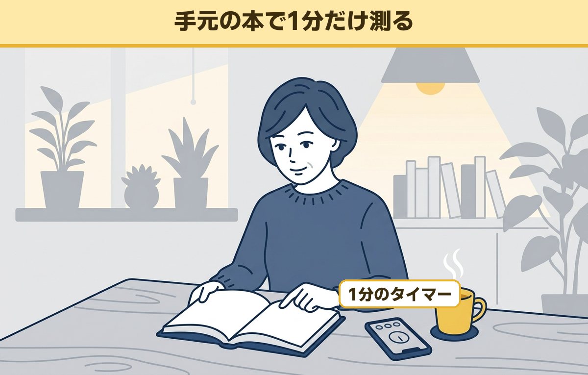 自宅のテーブルでふだん読む本を開き、スマホのタイマーで1分だけ読んでいる女性