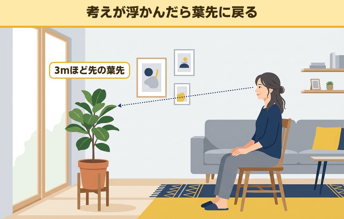 居間のいすに背筋を伸ばして座り、3メートルほど先の観葉植物の葉先を目を開けたまま見つめる40代の女性