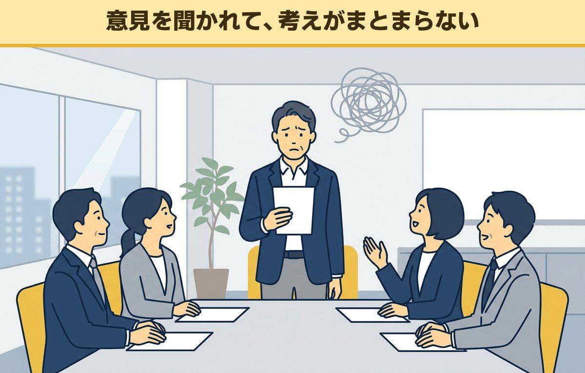 会議室で同僚たちに意見を求められ、資料を手に考えがまとまらず困っている40代後半の男性
