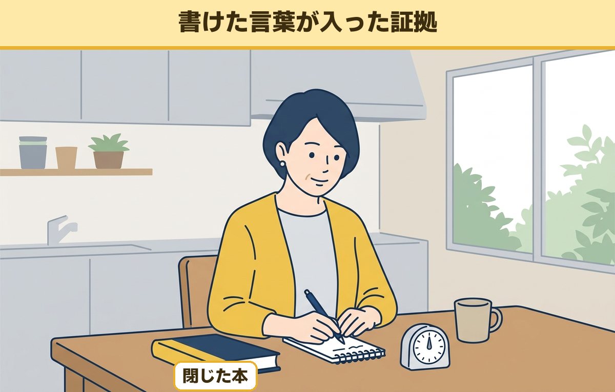 台所のテーブルで閉じた本の横に小さなメモ帳を置きペンで言葉を書き出す50代の女性