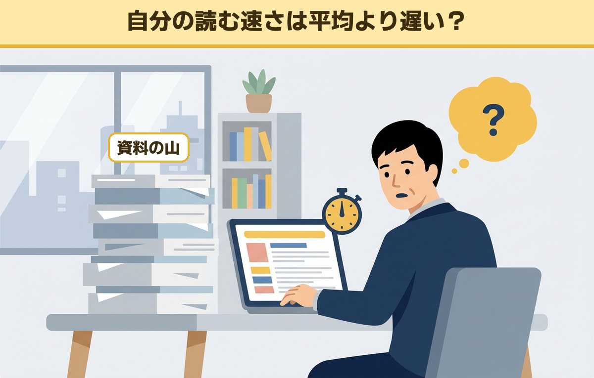 資料の山を横に置いたまま、自分の読む速さが平均より遅いのか気にしている男性会社員