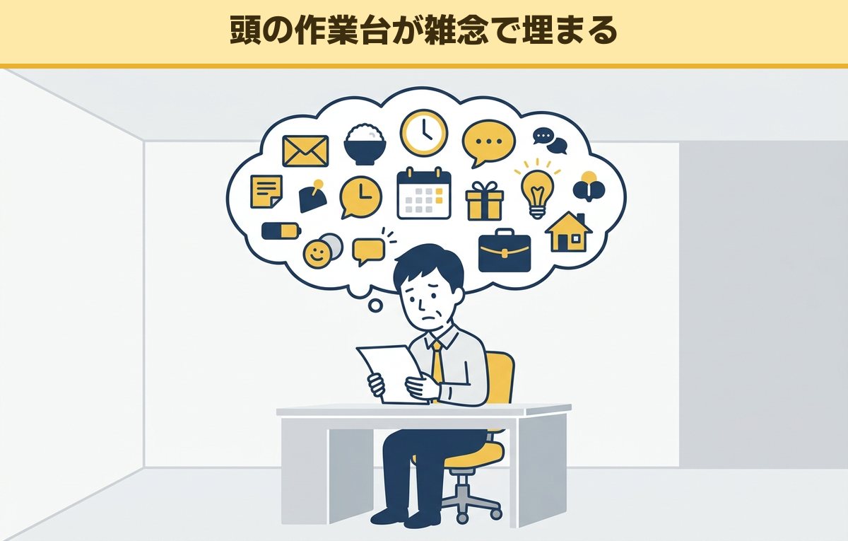 報告書を読む40代の会社員の頭上に、メールや食事や予定などのアイコンがぎっしり詰まった吹き出しが浮かんでいる