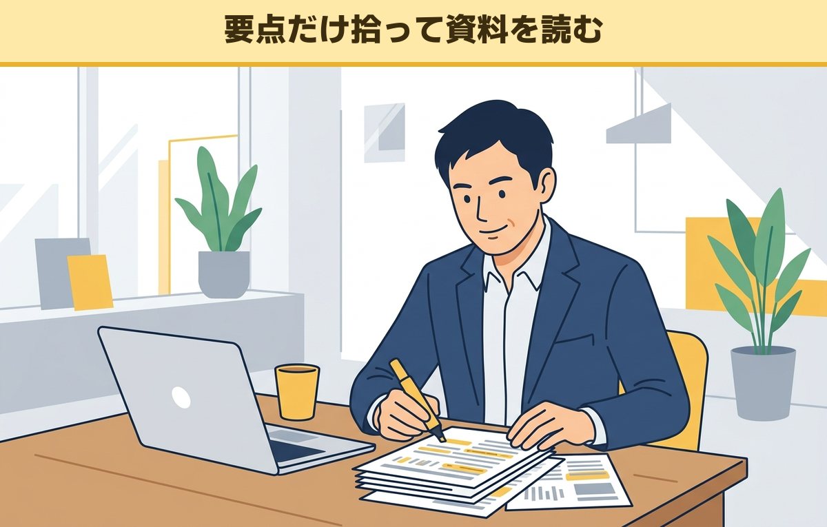 明るいオフィスの机で資料の要点に黄色いマーカーを引きながら読み進める40代の会社員