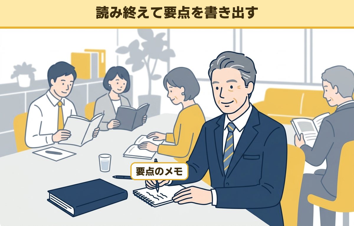 会議資料を先に読み終え、ほかの人がまだ読んでいる横で要点をメモしている男性