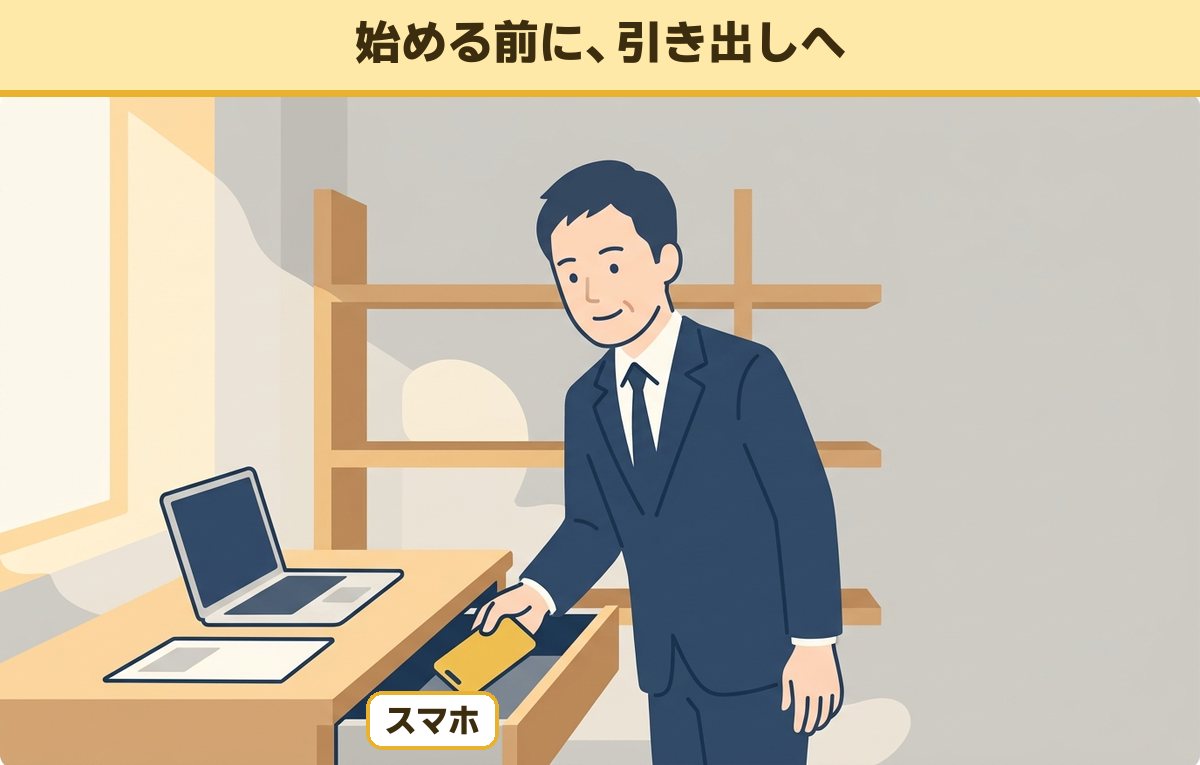 仕事を始める前に、ノートパソコンと書類だけを机に残して、スマホを机の引き出しにしまう40代の男性