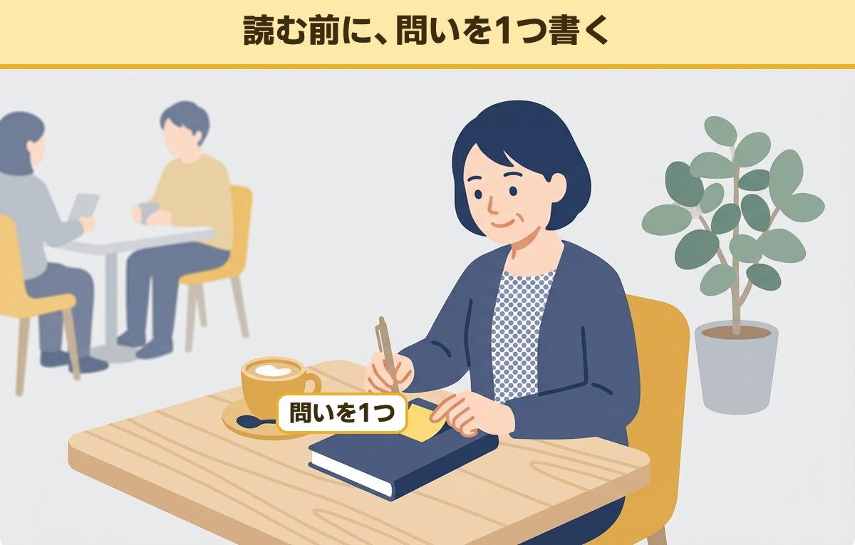 カフェのテーブルで、閉じたビジネス書の表紙に貼る付せんに問いを書いている40代の女性