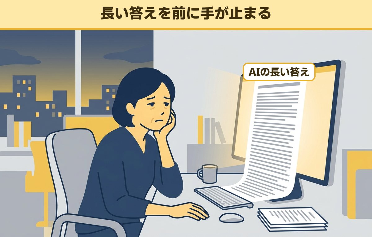 画面の下まで続く長い文章を表示したモニターの前で、ほおづえをついて手が止まっている40代の女性