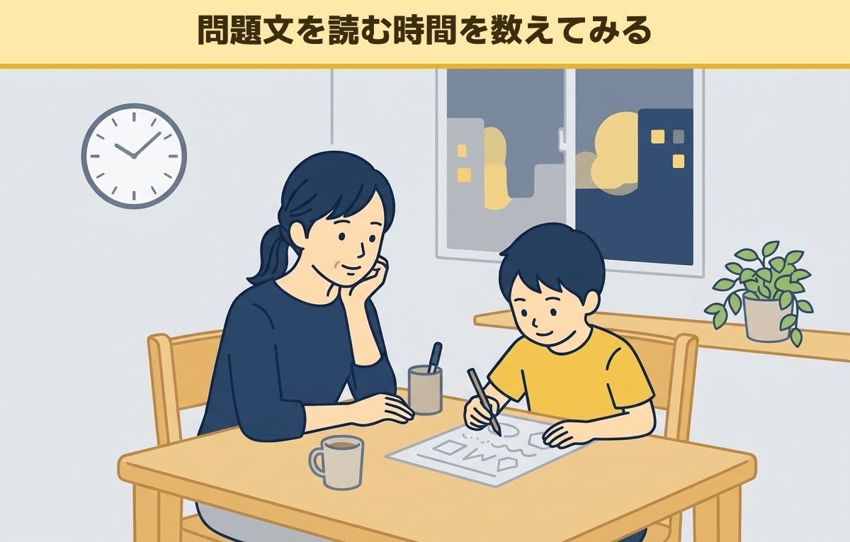 夜の食卓で宿題の問題文を読む小学生の男の子と、隣で見守る40代の母親