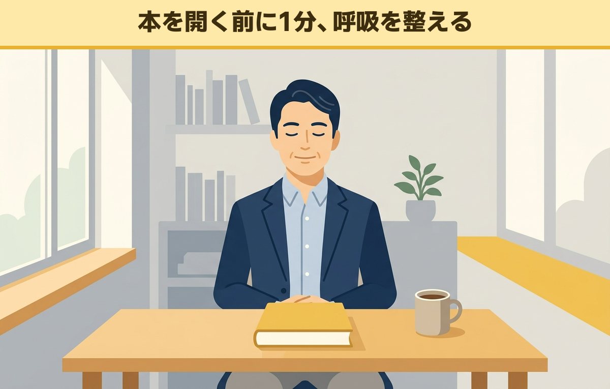 机の上に閉じた本とコーヒーを置き、背筋を伸ばして目を閉じ、読む前に呼吸を整える40代の男性