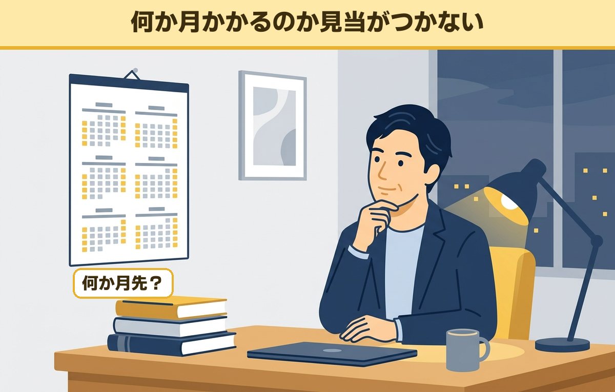 夜の自宅の机で壁のカレンダーと積んだ本を前にあごに手を当てて考え込む40代の会社員