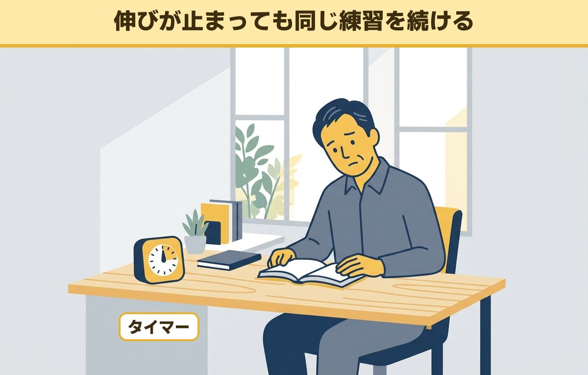 机でタイマーを横に置き不安そうな顔をしながらも開いた本を読み続ける50代の会社員