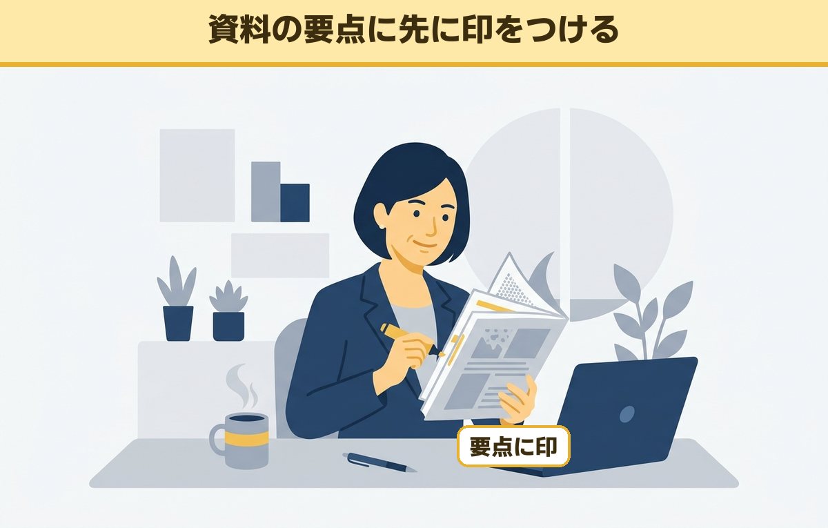 職場の机で厚い資料をめくりながら黄色いペンで要点に印をつける40代の女性会社員