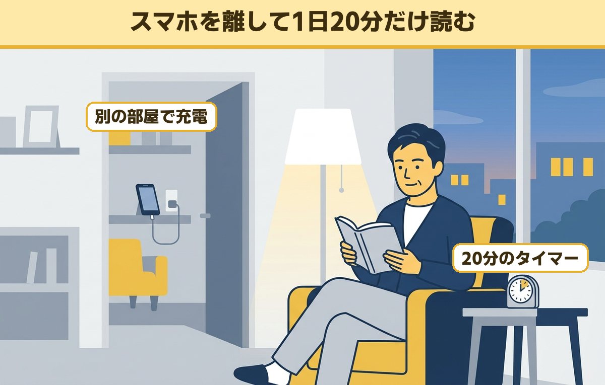 スマホを別の部屋で充電し、タイマーを置いて落ち着いて本を読む40代の男性のイメージ