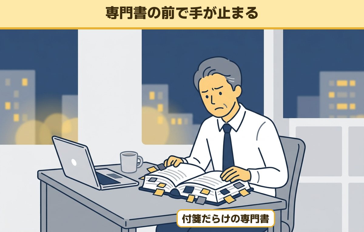 夜のオフィスで付箋だらけの分厚い専門書を開き、困った顔をしている40代の会社員